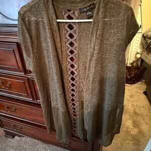 August Silk Olive Green Open Cardigan with Lace Accents size L
